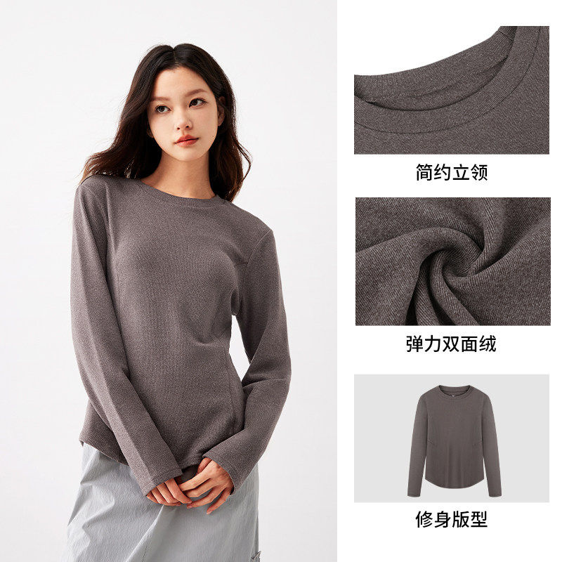 361运动t恤女2025秋季新款女士加绒保暖内衣修身短款双面绒上衣女
