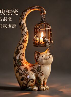 复古猫笼灯家居树脂摆件