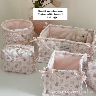 跨境新款 芭蕾风甜甜梦境可爱猫咪小熊少女心缎面发圈化妆包收纳篮