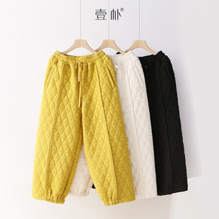 长94 秋冬刀切棉休闲长裤 M裤 子5163TK 夹棉松紧腰系带菱形格裤