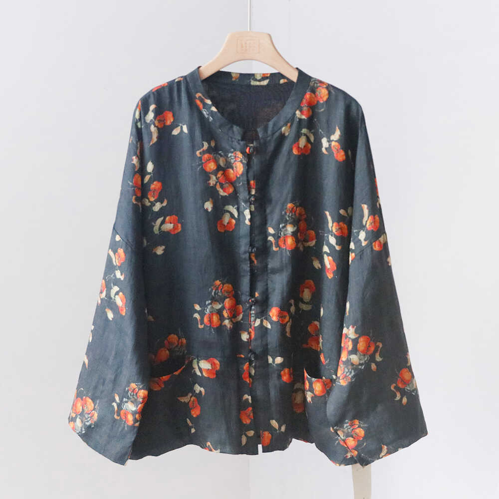 柿柿如意*盘扣印花立领苎麻外套复古国风宽松双层开衫上衣 4SP288