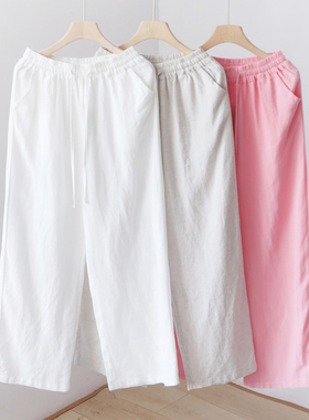 文艺复古松紧腰系带天丝亚麻休闲裤 宽松显瘦阔腿裤长裤 4SP125