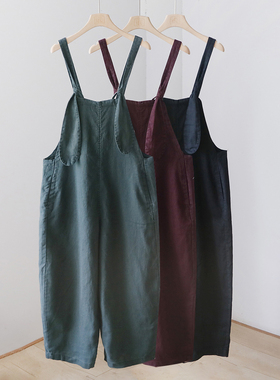 文艺范复古显瘦减龄设计感亚麻背带裤 夏季宽松吊带休闲裤 41001