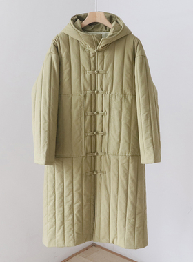 冬季复古国风盘扣宽松保暖棉服 连帽长款夹棉加厚棉衣外套 4SP300