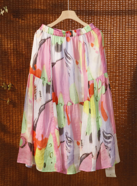 数码印花苎麻半身裙 复古涂鸦感减龄中长裙  598TK【M82 L85cm】