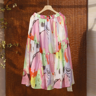 印花苎麻半身裙 L85cm 复古涂鸦感减龄中长裙 M82 598TK 数码