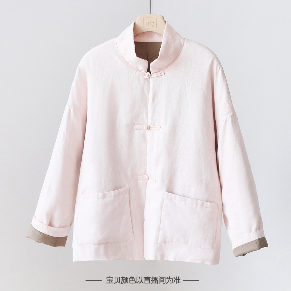 新中式立领夹棉加厚保暖亚麻棉衣 女撞色盘扣国风棉服外套 3SP56