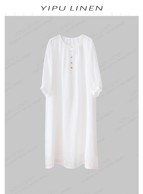 文艺范七分袖圆领苎麻连衣裙 夏季褶皱宽松大摆中长裙子 HLL31041