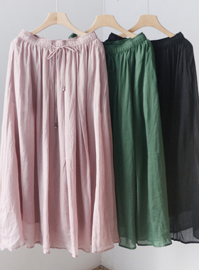 文艺范系带苎麻半身裙 双层显瘦文艺中长裙 YF22303