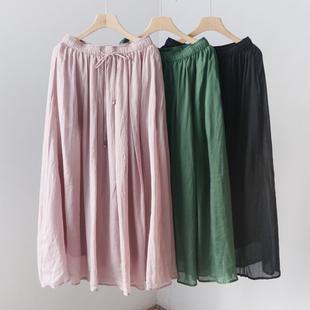 文艺范系带苎麻半身裙 双层显瘦文艺中长裙 YF22303