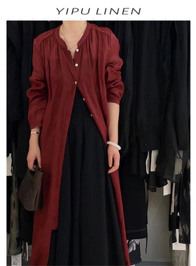 文艺范圆领单排扣复古长款衬衫 新中式苎麻开衫连衣裙 YF22360