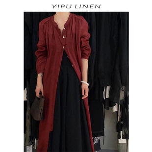 苎麻开衫 文艺范圆领单排扣复古长款 衬衫 新中式 YF22360 连衣裙