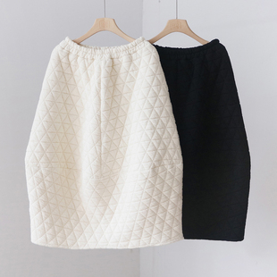 4SP330 菱形格夹棉保暖中长休闲裙子 秋冬新款 刀切棉花苞半身裙