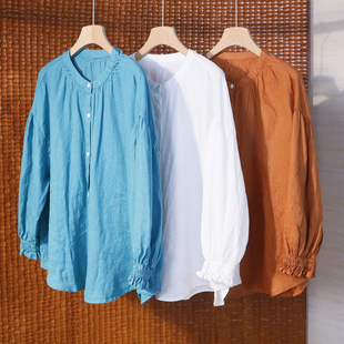 春季新款花边袖圆领亚麻衬衫 宽松纯色防晒外披衬衣上衣 153TK