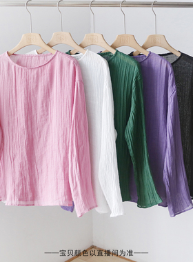 文艺范褶皱苎麻圆领衬衫 宽松百搭夏季套头防晒上衣衬衣 3SP118