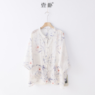 防晒外披衬衣上衣 薄款 3SP119B 印花立领禅意苎麻短开衫 常熟新中式