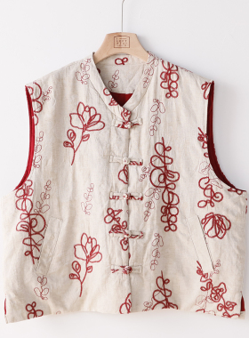 文艺新中式夹棉加厚刺绣亚麻马甲背心 5SP576-1【M胸围128 衣长60