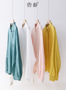 文艺小翻领苎麻长袖衬衫 宽松纯色蝙蝠袖薄衬衣防晒上衣 4SP379