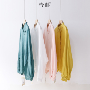 薄衬衣防晒上衣 宽松纯色蝙蝠袖 4SP379 衬衫 文艺小翻领苎麻长袖