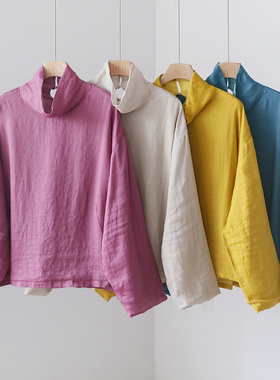 文艺双层高领苎麻小衫  纽扣堆堆领宽松长袖衬衫打底上衣 4SP313