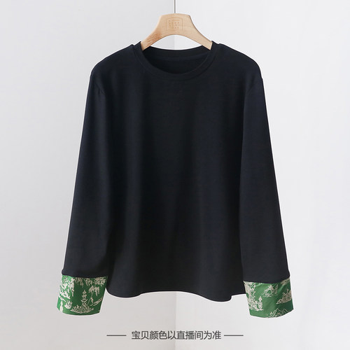 常熟新中式袖子拼接圆领T恤 弹力百搭宽松套头上衣打底衫 3SP79