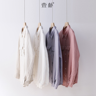 8802 防晒衬衣上衣 文艺双口袋翻领百搭汉麻衬衫 宽松长袖