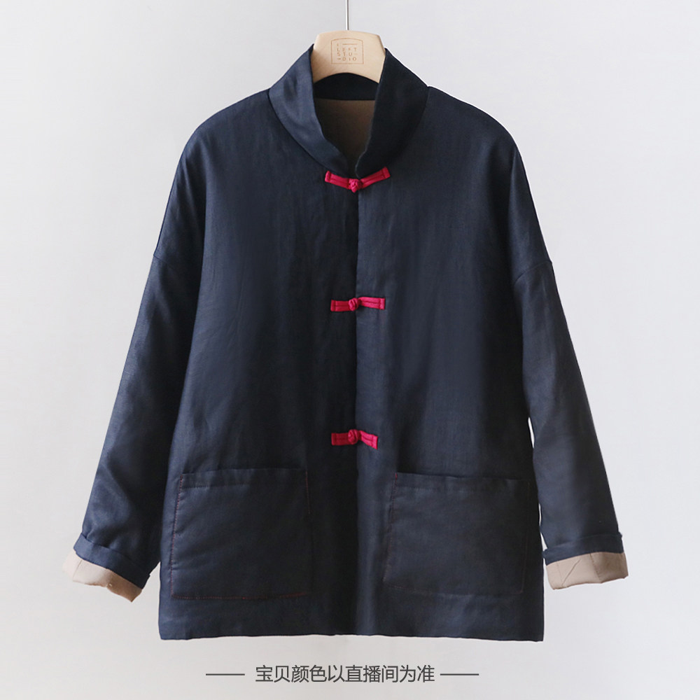 新中式立领夹棉加厚保暖亚麻棉衣 女撞色盘扣国风棉服外套 3SP56