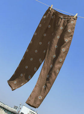 文艺范刺绣亚麻哈伦休闲裤 百搭显瘦长裤麻裤子 525TK