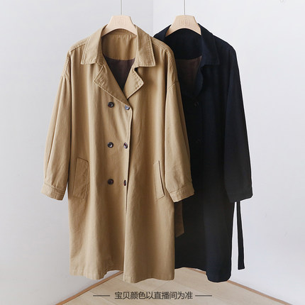 文艺复古纯色双排扣风衣 秋中长款系带腰带显瘦外套百搭 YF22386
