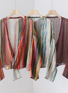文艺范手工明线 复古斜襟交叉V领彩条苎麻小衫宽松上衣 YF22365A