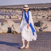 夏季高端文艺苎麻双层袍子长裙 显瘦度假沙滩宽松连衣裙  4SP121A