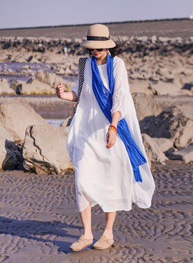 夏季高端文艺苎麻双层袍子长裙 显瘦度假沙滩宽松连衣裙  4SP121A