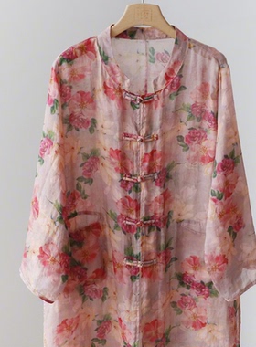 常熟新中式印花立领禅意苎麻短开衫薄款防晒外披衬衣上衣 3SP119B