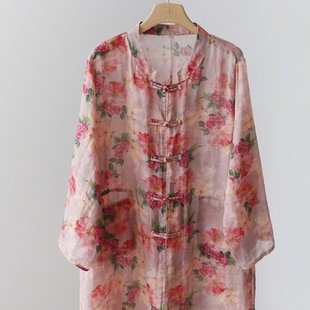 防晒外披衬衣上衣 薄款 3SP119B 印花立领禅意苎麻短开衫 常熟新中式