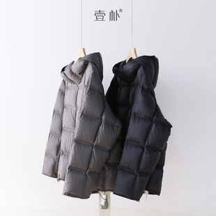 连帽泡芙小方格95白鸭绒羽绒服 宽松加厚连帽保暖外套上衣 1616