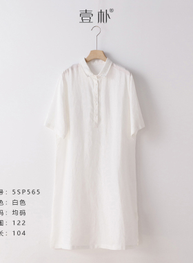 文艺小翻领亚麻连衣裙 宽松短袖polo领衬衫裙 5SP565