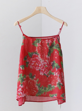 夏季新款数码印花宽松显瘦苎麻女背心 打底盘扣吊带上衣 4SP231