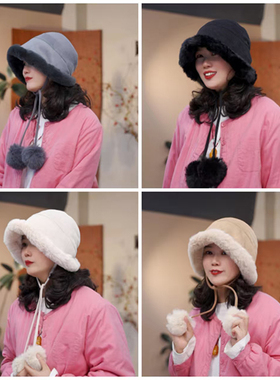 冬季帽子女大头围显脸小盆帽系带毛绒渔夫帽百搭护耳包头帽 2894