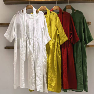 中长裙 夏季 飘带系带显瘦短袖 圆领苎麻连衣裙 5SP502 新款