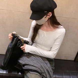 韩国东大门新款学院风设计感花边领织带长袖T恤女减龄百搭打底衫