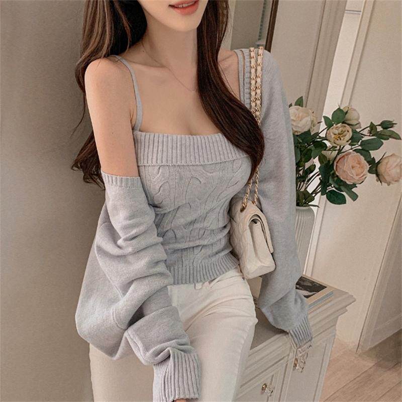 韩国东大门新款韩系姐~修身麻花针织吊带背心+长袖开衫女两件套装