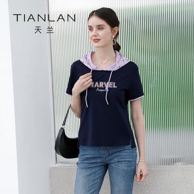 深蓝色B224471刺绣连帽文艺短袖