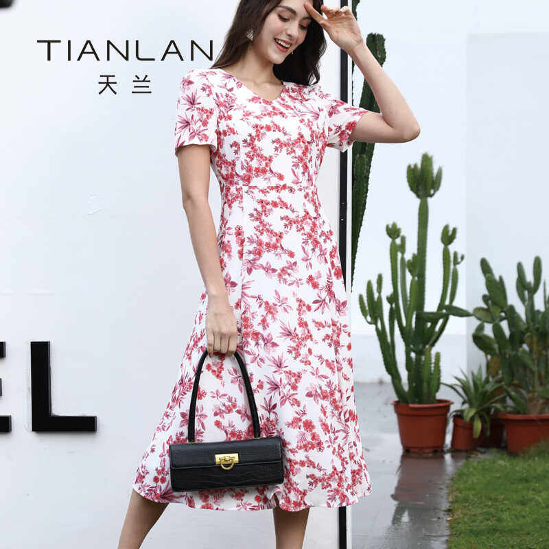 天兰女装专柜品牌夏季气质宽松版中长款过膝时尚印花短袖连衣裙子