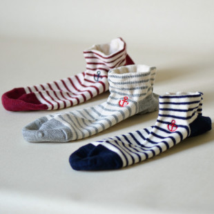 松口不勒脚条纹刺绣船锚日系学院风春夏季 短筒纯棉可爱潮流女袜子