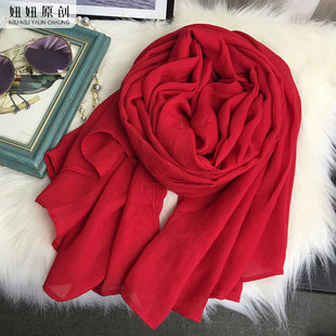 本命年红色棉麻围巾女秋冬2025新款 薄纯色百搭文艺保暖围脖长披肩