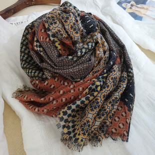 民族风丝巾女新款 复古几何撞色百搭空调披肩外搭 薄款 棉麻围巾时尚