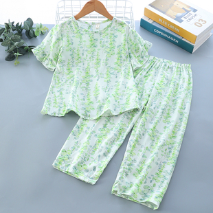 夏季儿童棉绸套装薄款短袖长裤两件套女童人造棉空调家居服睡衣