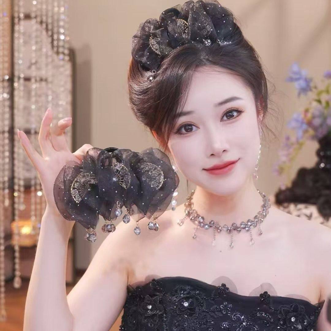 国风裙摆超仙扇子流苏蓬松高颅顶显发量鲨鱼夹后脑勺泡泡盘发抓夹