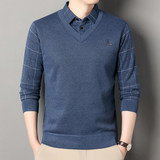 秋冬季男士假两件针织百搭衬衫领外套男毛衣内搭T恤9039加绒-P35，男装T恤，星座1706