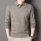 秋冬季男士假两件针织百搭衬衫领外套男毛衣内搭T恤9039加绒-P35，男装T恤，星座1706